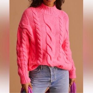 Anthropologie Bright Pink Cable Knit Turtleneck Sweater